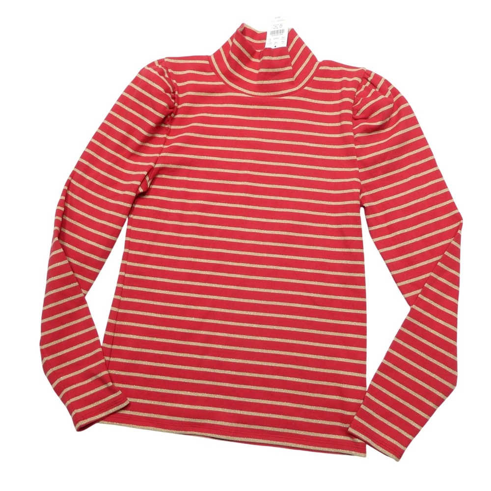 J.Crew Shirt Womens Medium Red Stripe Turtleneck Glitter Long Puff Sleeve